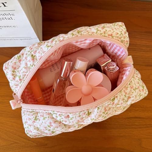 ZUNUONUO Cotton Quilted Makeup Bag Coquette Accessories Make up Bag Organizer Cute Floral Cosmetic Pouch Travel Makeup Bag for Women (Little Roses) thumbnail 6