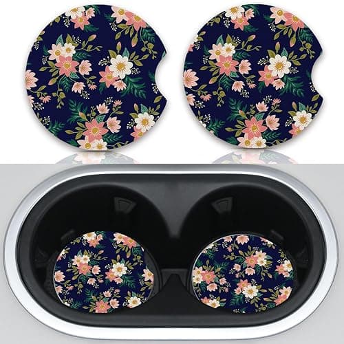 2pcs Flowers Pattern Car Cup Holder Coasters - Hippie Car Accessories, Universal Auto Anti Slip, Rubber Coasters with A Finger Groove - Image 1