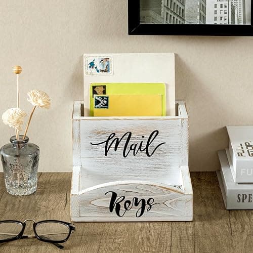 MyGift Shabby Whitewashed Solid Wood Mail Holder and Key Organizer Entryway Storage Tray with Cursive Mail and Keys Word Design, Office Desktop Organizing Bin thumbnail 2
