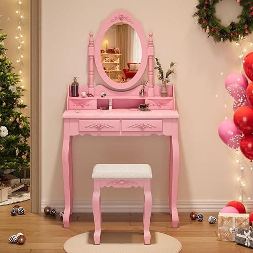 Alohappy Vanity Desk Set with Mirror & Stool for Girls, Makeup Vanity Table and Cushioned Stool Set with 4 Drawers, Wood Dressing Table for Bedroom (Pink) thumbnail 3