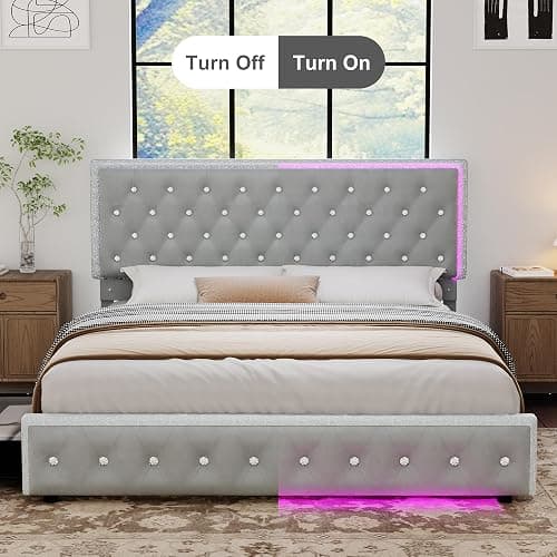Torana Queen LED Bed Frame with 2 Drawers, Soft Velvet Platform Bed with Diamond Tufted Headboard Footboard and 2 Side Pockets, Mattress Foundation with Wooden Slats Support No Box Spring Needed, Grey thumbnail 7
