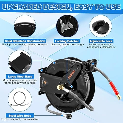 FIXFANS Pressure Washer Hose Reel with Hose for Hot and Cold Water, 3/8" X 50 FT Steel Auto-Retractable High Power Wash Hose Reel, Heavy Duty Hose Reel - Wire Braided Hose 4000 PSI, Black thumbnail 6