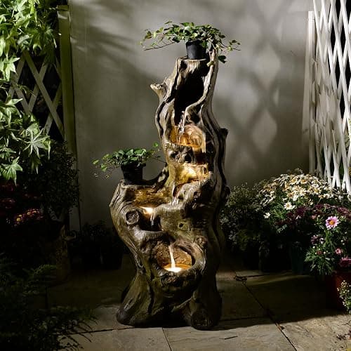 Sunlinua Water Fountain Outdoor 5-Tiers Large Cascading Realistic Tree Trunk Natural Waterfall Outdoor Fountains Resin Imitation Wood with LED Lights for Garden, Patio, Porch - Image 1