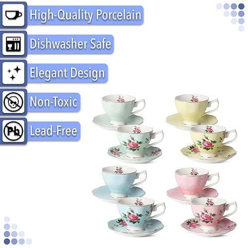 BTaT- Floral Tea Cups and Saucers Set of 8 (8 oz), Porcelain Tea Cup Sets, Assorted Colors with Gold Trim & Gift Box, Dishwasher Safe thumbnail 5