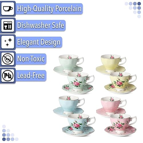 BTaT- Floral Tea Cups and Saucers Set of 8 (8 oz), Porcelain Tea Cup Sets, Assorted Colors with Gold Trim & Gift Box, Dishwasher Safe thumbnail 6