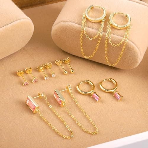 BOUTIQUELOVIN 14K Gold Stud Earrings Set for Women, for Multiple Piercing 925 Silver Plated Studs Earrings and Zirconia Earring Set Small Huggie Hoop Chain Earing thumbnail 3