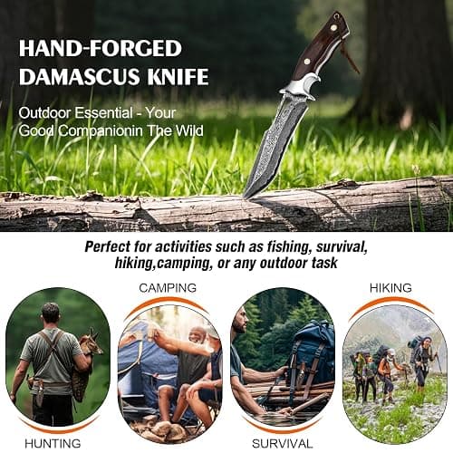 10.4''Damascus Bowie Hunting Knife | Full Tang Fixed Blade with VG10 Core & Leather Sheath,Adventure,Survival,Hiking,Camping,Ideal Gift Knives for men women, thumbnail 6