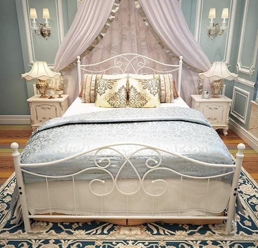 YALAXON Vintage Sturdy Queen Size Metal Bed Frame with Headboard and Footboard Basic Bed Frame No Box Spring Needed (Queen, Grayish White) thumbnail 3