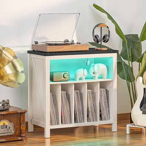 Joaxswe Large Record Player Stand with Charging Station & LED Lights, Vinyl Records Storage Holder Cabinet Holds up to 230 Albums, Turntable Stand for Music Room, Bedroom, Living Room, Office (White) thumbnail 6