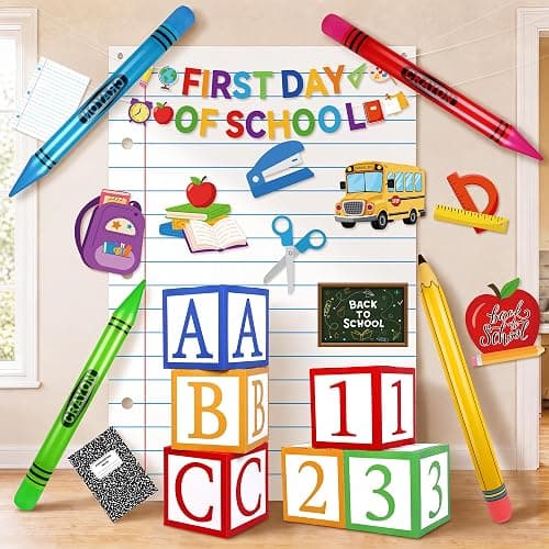 Fovths 22 Pcs Giant Back to School Theme Party Decorations 45 Inch Large Inflatable Pencil Crayon ABC 123 Alphabet Party Favor Box 6.6ft Backdrop Banner for Back to School Birthday Decor, Classic - Image 1
