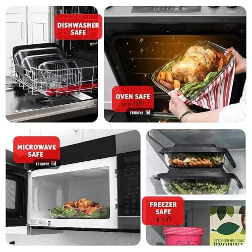 Nestl 8pc Glass Baking Dishes for Oven, Glass Food Storage Containers with Lids, Leakproof Casserole Dishes for Oven with Lid, Cooking, Microwave Oven Freezer Safe Bakeware, 9x13 Lasagna Pan Black thumbnail 3