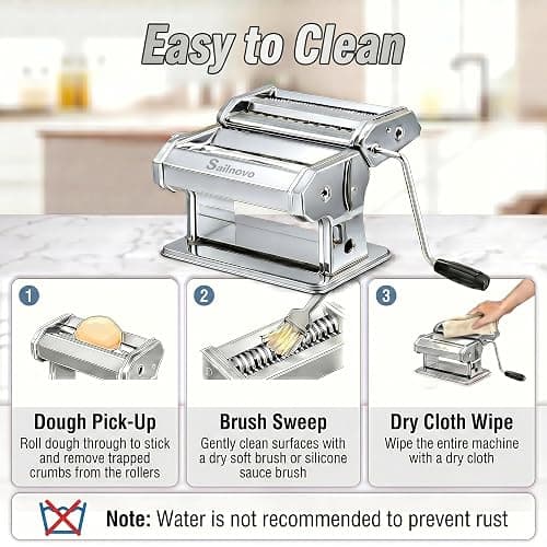 Sailnovo 3-in-1 Pasta Maker with 9-Setting Pasta Roller & Cutters, Silver | 9 Thickness & 2 Width Settings| Stainless Steel Body Rust Resistant| Easy Clean| For Spaghetti, Fettuccine, Lasagna and More thumbnail 7