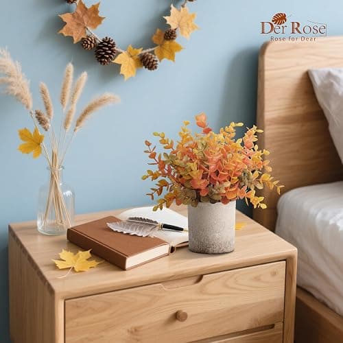 Der Rose 3 Pack Fake Plants Warm Orange Faux Plants for Fall Table Decor | Orange maple-toned eucalyptus, lightweight and compact, maintenance-free, autumn accents for shelf kitchen bedroom entryway thumbnail 6