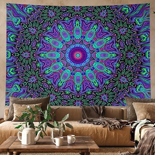 PSYHILAR Blacklight Mandala Tapestry for Bedroom, Psychedelic Black Light Posters for Adults and Teens, Neon UV Reactive Aesthetic Bohemian Art Wall Hanging Decor (60 x 50 Inches) thumbnail 5
