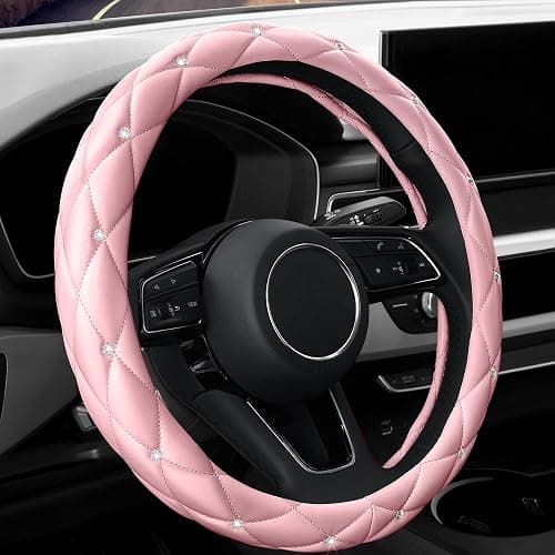 YOGURTCK Cute Diamond Soft Light Pink Leather Anti-Slip Steering Wheel Cover with Bling Bling Crystal Rhinestones, Universal 15 Inch for Women Girls, Fit Vehicles, Sedans, SUVs, Vans, Trucks - Image 1