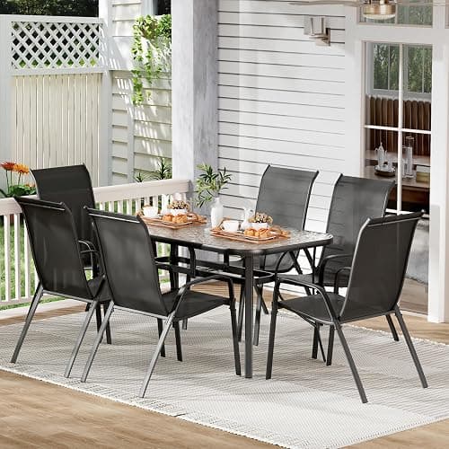 TLSUNNY 7 Pieces Patio Dining Set, Outdoor Table and Chairs W/1.69″ Umbrella Hole, 30"X 55" Table and Stackable Textilene Chair, All Weather Patio Furniture Set (Umbrella not Included) (Black) - Black thumbnail 9