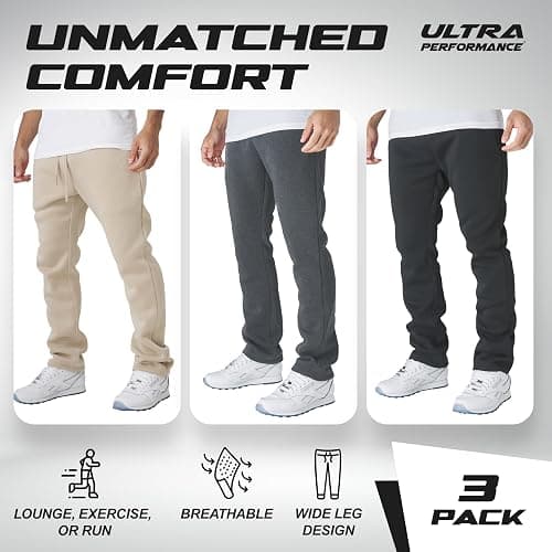 Ultra Performance 3 Pack Mens Fleece Wide Leg Sweatpants with Pockets, Open Bottom Workout Sweatpants for Men thumbnail 5