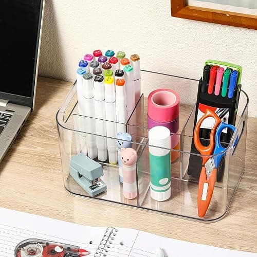 5-Compartment Clear Plastic Bin - Divided Art Supplies, Cosmetic Makeup Caddy Organizer - Multiuse Storage Container for Vanity, Bathroom, Kitchen, Office, Craft, Shower, Cleaning Items, (1 Pack) thumbnail 5