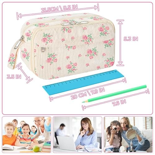WOBAGMEN Cute Pencil Case for Girls,Large Corduroy Zippered Pencil Case Pouch, aesthetic Pencil Bag with Compartments, Soft Pencil Pouch School Supplies for Teen Girls Boys and Women(pink floral) thumbnail 3