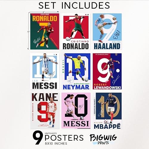 BigWig Prints Soccer Poster - Soccer Decor For Boys Bedroom, Messi And Ronaldo Poster, Messi Posters For Boys Bedroom, Mbappe Wall Art, Neymar Wall Art, Ronaldo Posters - Unframed Set Of 9 (8x10”) thumbnail 3