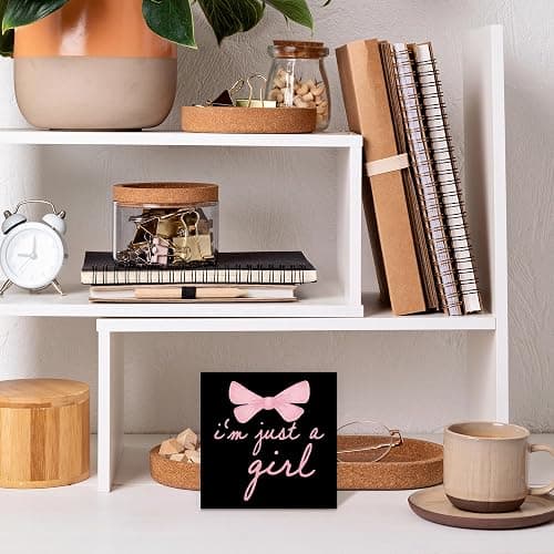 CUANFDDSF Trendy Black Pink Bow Coquette Room Decor Wooden Box Sign, Coquette Party Decor, Girls Room i’m Just a Girl Girly Bowknot Signs for Home Dorm Wall Desk Shelf Tabletop Decoration thumbnail 2
