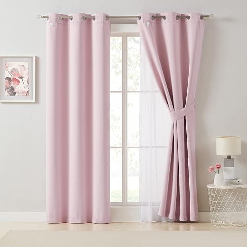 Bujasso Pink Blackout Curtains with Sheer Overlay Mix and Match Double Layer 80% Room Darkening Window Treatment Set for Girls Bedroom Living Room Pink Drapes with Tiebacks Grommet Top 37" Wx84 Lx2 thumbnail 8