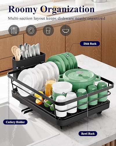 Kitsure Dish Drying Rack for Kitchen Counter, Stainless Steel Sink Organization and Storage Essentials with Cutlery Holder, Home and Appartment Decor, 12''W x 15.5''L, Black thumbnail 3
