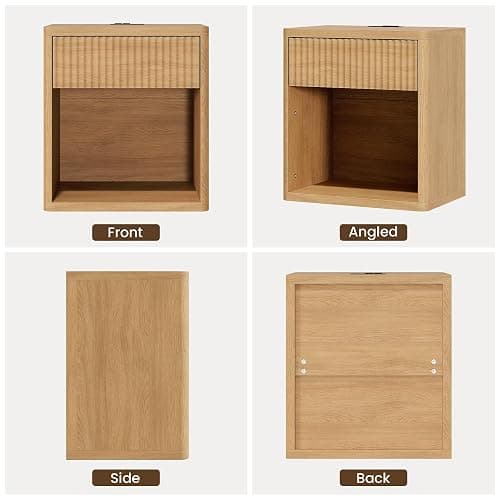 Fluted Nightstand Set of 2 with Charging Station, 21.7" Wide Modern Bedside Table with 1 Drawers Open Storage Cabinet, Wooden End Table for Bedroom, Natural Oak thumbnail 7