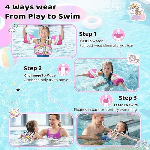Vvinca Separable Toddler Swim Vest Fit 22-66 Lbs（1-6 Years）|2025 Newest 3 in 1 Pool Float & Arm Bands Boys and Girls, Adjustable Sturdy Safety for Infant 1 2 3 4 5 6 Year - A-Princess thumbnail 3