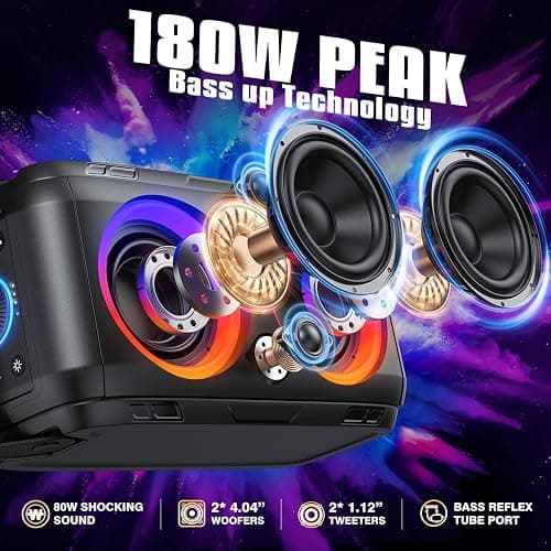 W-KING 180W Peak Party Loud Bluetooth Speaker Portable Wireless Outdoor Boom Box/4 Drivers with 2*Subwoofer/HD Huge 105dB Pulse Natural Deep Bass Tube, 80W IPX5 Big Large Speaker/24H/EQ/U-Disk/TF/AUX thumbnail 2
