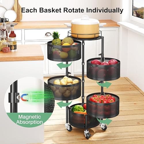 SAYZH Fruit Vegetable Basket for Kitchen, Rotating Storage Rack, 5 Tier Rolling Cart with top lid, Large Metal Wire Wheels, Black thumbnail 3
