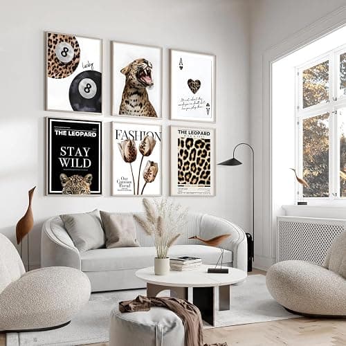 6Pcs Trendy Leopard Wall Art Cheetah Posters Lucky 8 Ball Canvas Pint | Retro Spades Poker Picture Wall Decor Fashion Leopard Flowers Print for Preppy Girls Bedroom Apartment Dorm 8x10in Unframed thumbnail 5