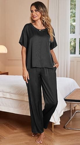 Ekouaer Womens Satin Silky Pajama Set Short Sleeve Shirt with Long Pajama Pant Set Soft PJ Loungewear thumbnail 2