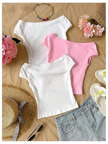 WDIRARA Girl's 3 Pack Floral Off The Shoulder T Shirts Cap Sleeve Tee Fitted Tops thumbnail 2