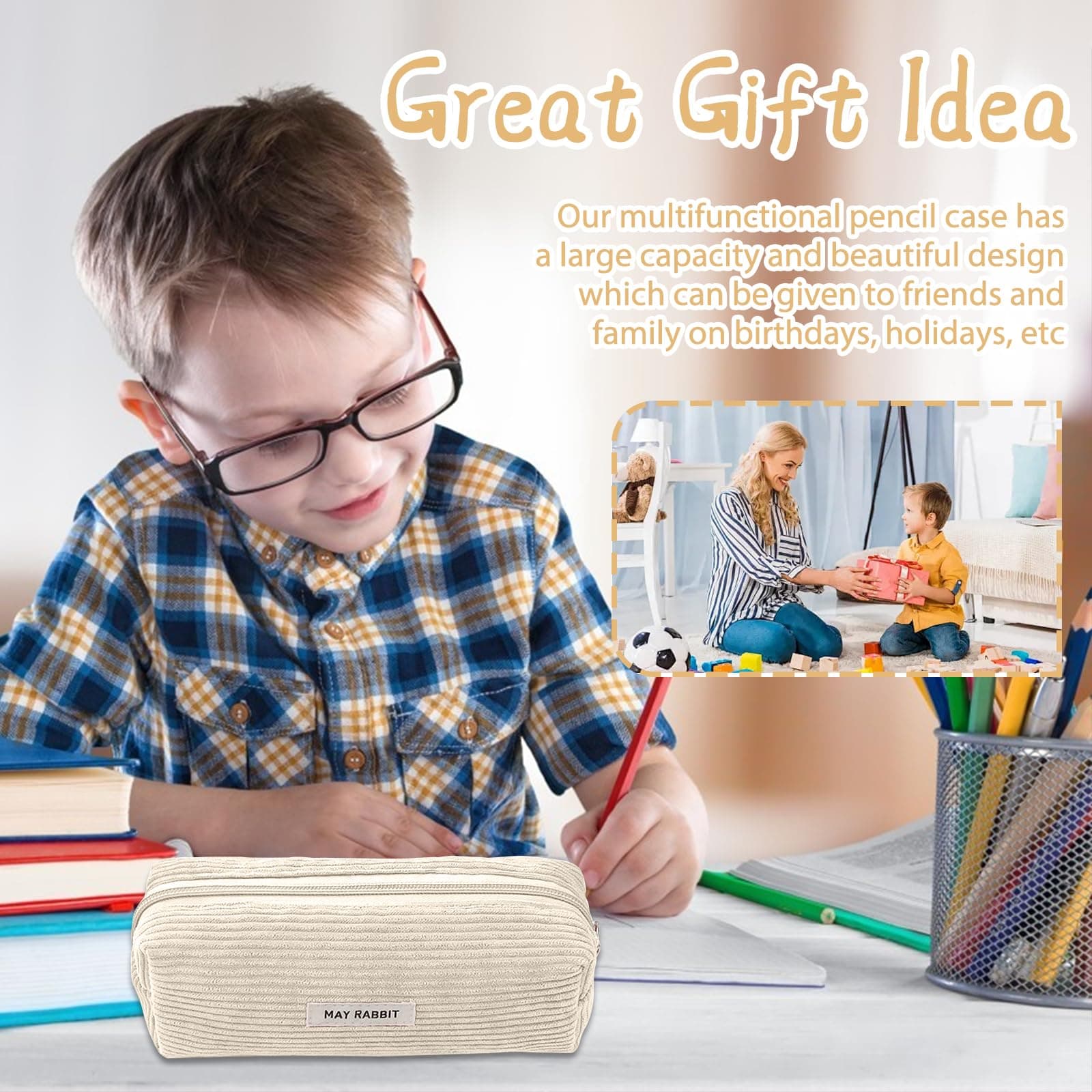 Electri-HQ Pencil Case Corduroy Portable Ribbed Pencil Case with Practical Zip for School, Home and Office, Light, cream, Simplicity thumbnail 7