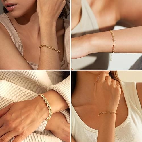 16 PCS Gold Bracelets for Women, Dainty Bracelets Set for Women Trendy, Gold Stackable Cuban Link Paperclip Chain Bracelet Pack Jewelry Gifts for Women thumbnail 5