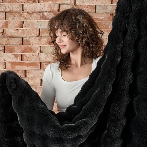 Lotus Karen Faux Fur Throw Blanket Black - Big Bubble Rabbit Fluff Blanket for Couch, Small Fluffy Fuzzy Cozy Blanket, Thick Furry Plush Shaggy Blankets, 50x60 Inches thumbnail 7