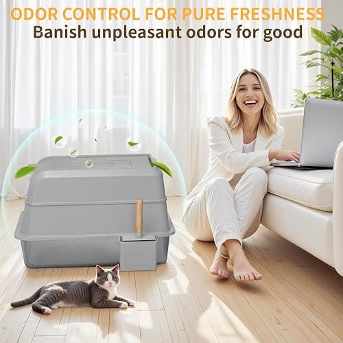 UNZIPE Stainless Steel Litter Box with Lid, XL Extra Large Cat Litter Box, Enclosed Metal Litter Pan with High Sided Enclosure & Scoop, Anti Leakage, Easy to Clean, Odor Control(Grey) thumbnail 7