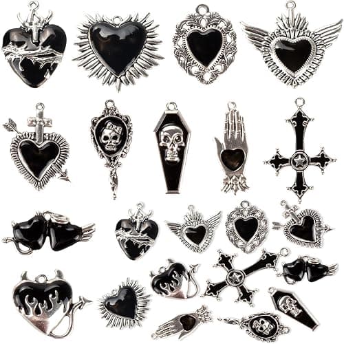 Giata11 Pcs Large Gothic Style Black Cross Skull Tombstone Heart Pendants Goth Halloween Charms for Jewelry Pendants Making DIY Craft Supplies - Image 1