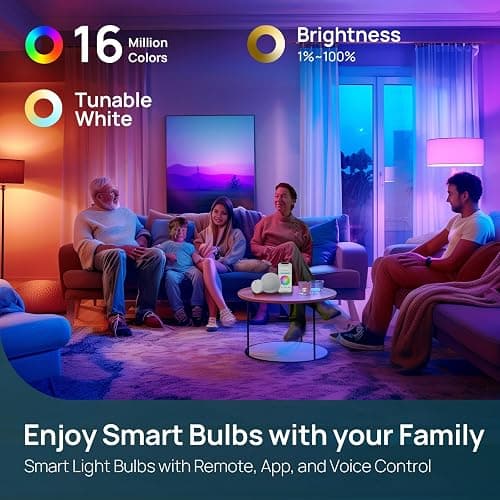Linkind Smart Light Bulbs, Work with Alexa, Google Home, AiDot | Remote Control, 16 Million Color Changing, 1800K-6500K White, 2.4G WiFi+Bluetooth, Preset Scene, A19 E26, 60W 800LM, 4Pack thumbnail 2