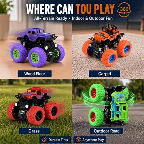 Monster Trucks for Boys, 4 Pack Pull Back Vehicles Cars for Toddlers, 360° Rotation 4 Wheels Drive Durable Friction Cars Powered Push and Go Toys Truck Playset Gift for 3 4 5 6 7 8 Year Old Kids Girls thumbnail 6