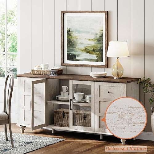 WAMPAT Farmhouse TV Stand for 65 inch TV, Wood TV Cabinet with Glass Door & Adjustable Shelf, Rustic Television Stands for Living Room Bedroom, 58 Inch, Antique White thumbnail 8