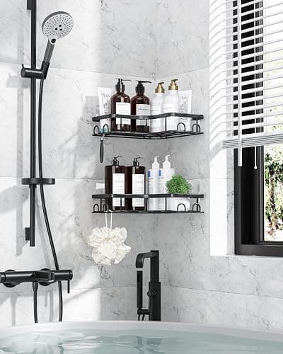Kitsure Corner Shower Caddy - 2 Pack Rustproof Shower Organizer, Durable Shelf with Large Capacity, Drill-Free Adhesive Bathroom Shelves with 4 Movable Hooks, a Soap Holder, 4157 thumbnail 3