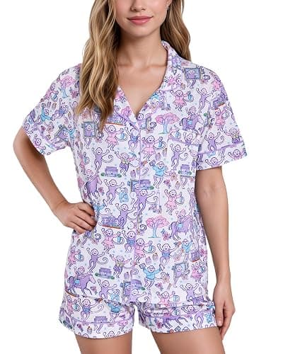 HMPEAIIY Womens Cute Monkey Pajamas Set Button Down Summer Loungewear PJs | 2PCS Preppy Top & Short Outfit, Short Sleeve, V Neck, Holiday Vacation Sleepwear, Beach, Christmas Thanksgiving New Year Gift - Image 1