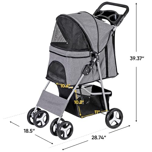 ZENY Foldable Pet Stroller, Cat/Dog Stroller with 4 Wheel, Pet Travel Carrier Strolling Cart with Storage Basket, Cup Holder (Grey) thumbnail 3