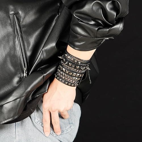 Eigso Leather Punk Rock Cuff Bracelets for Men Women Retro Vintage Chain 80s Wristband Set for Man Woman - 3Pcs-C thumbnail 4