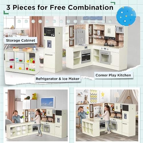 BRINJOY 3-Piece Kids Kitchen Playset, Walk-in Wooden Play Kitchen Set for Toddlers, Modular Pretend Play Kitchen w/Light&Sound, Large Corner Kitchen Cooking Toy w/Coffee Capsule, Gift for Girls Boys thumbnail 5