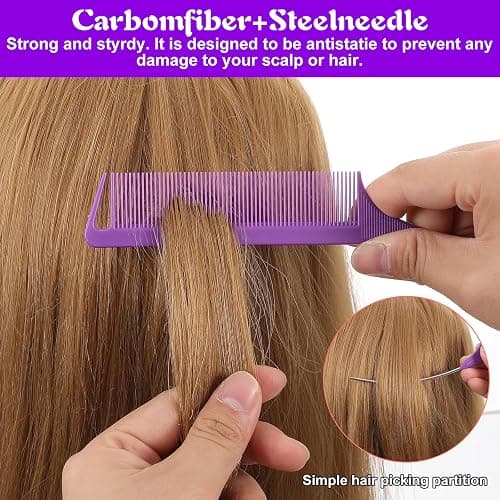 Rat Tail Comb, Mabor 3 Pcs C Curved Hair Parting Combs Styling Tools Fine Tooth Comb with Bend Steel Needle Carbon Fiber Pin Tail Combs for Women Barber thumbnail 5