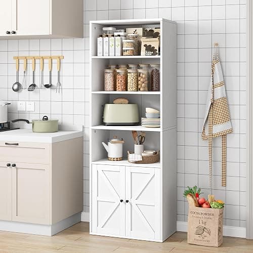 IDEALHOUSE Bookcase with Doors Industrial Bookshelf 11.8in Depth Display Storage Shelves 71.4in Tall Farmhouse Bookcases Wooden 6 Shelf Bookshelvels for Bedroom, Living Room, Home Office (White) - White thumbnail 3
