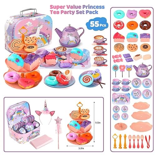 55Pcs Tea Party Set for Little Girls, Princess Tea Party Set, Unicorn Kid Tin Tea Set,Kids Kitchen Pretend Toy, Toddler Tea Party Set for Girl 3-5, Tea Party Set Christmas Birthday Gift for 4 Year Old thumbnail 3